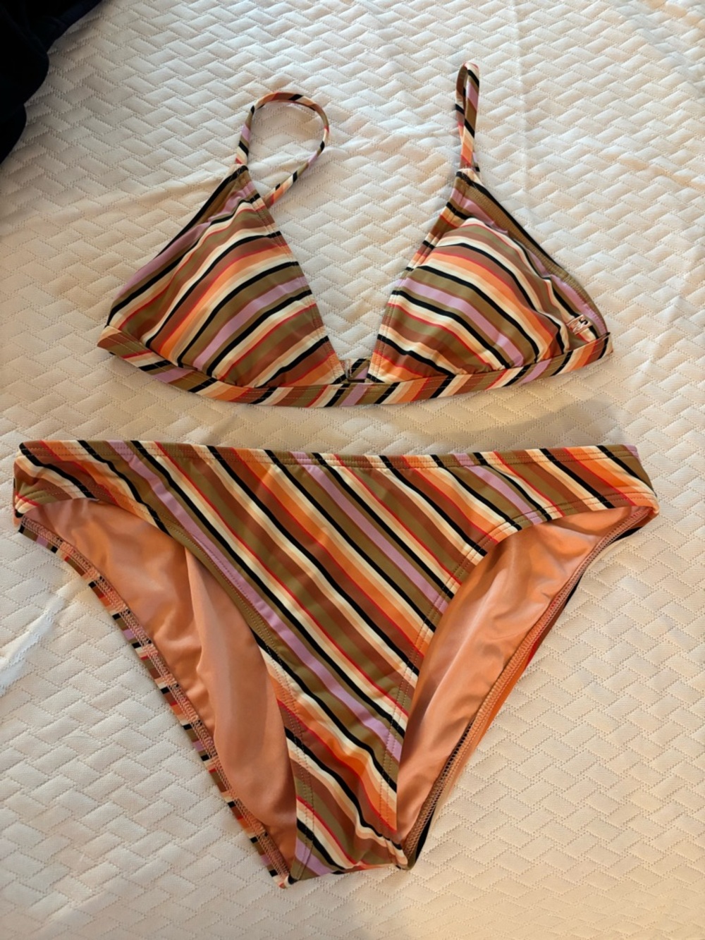 Billabong Multi-Stripe Triangle Bikini in Peach, Olive, Black, Pink